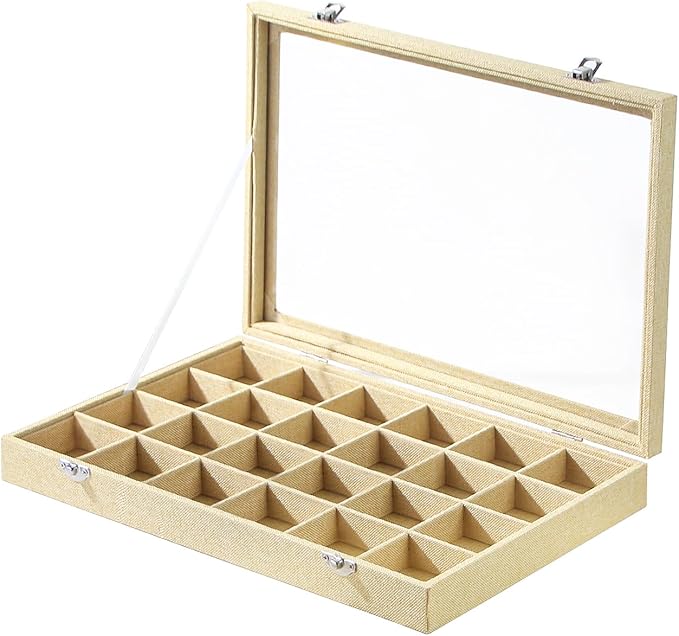 Coward Jewelry Organizer Box, Yellow Linen 24 Grids Ring Earring Jewelry Display Tray Case with Transparent Glass Lid for Hom