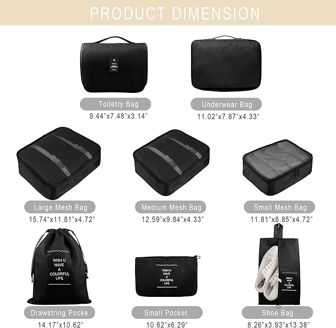 Packing Cubes, 8 Pcs Travel Packing Organizers for Suitcases, Large Capacity Travel Luggage Organizers Set includes 8 Storage