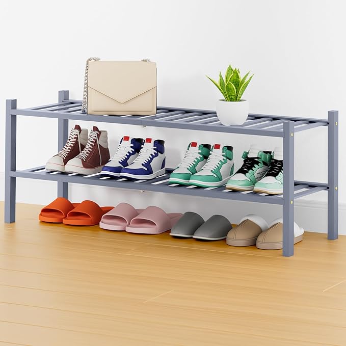 Smiry Shoe Rack, 2 Tier Thick Long Bamboo Shoe Organizer, Stackable Free Standing Wooden Shoe Storage Shelf for Closet, Entry