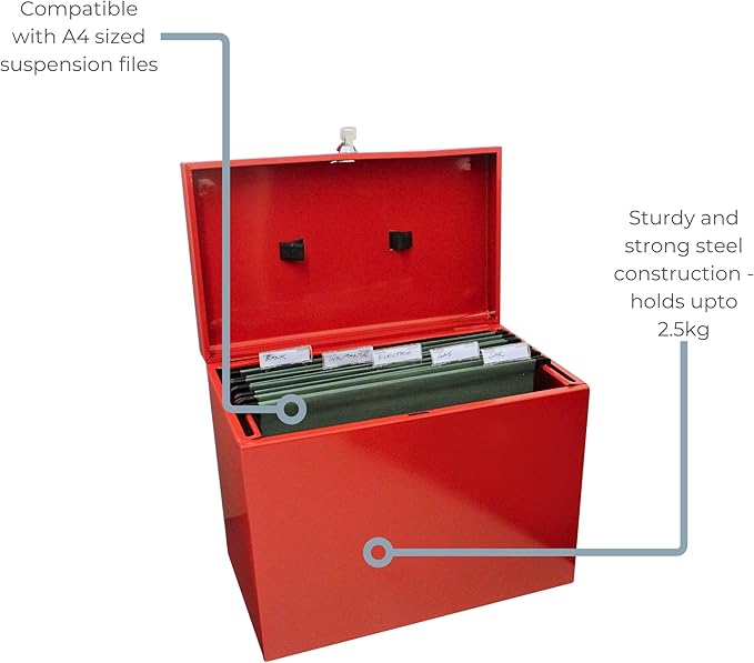Cathedral Products A4 Steel File Box with Starter Pack of 5 Suspension Files - Red