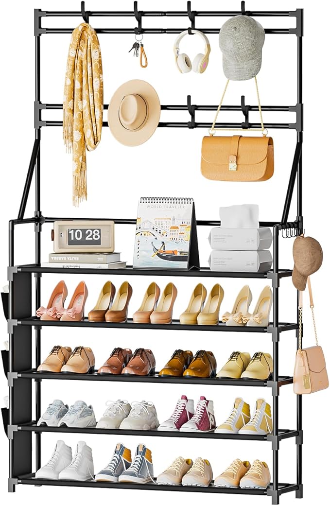 OYREL Shoe Rack 5 Tier Shoe Racks Organizer 20-25 Pairs Shoes Rack for Closet Entrance Shoe Storage Organizer with Hooks and 