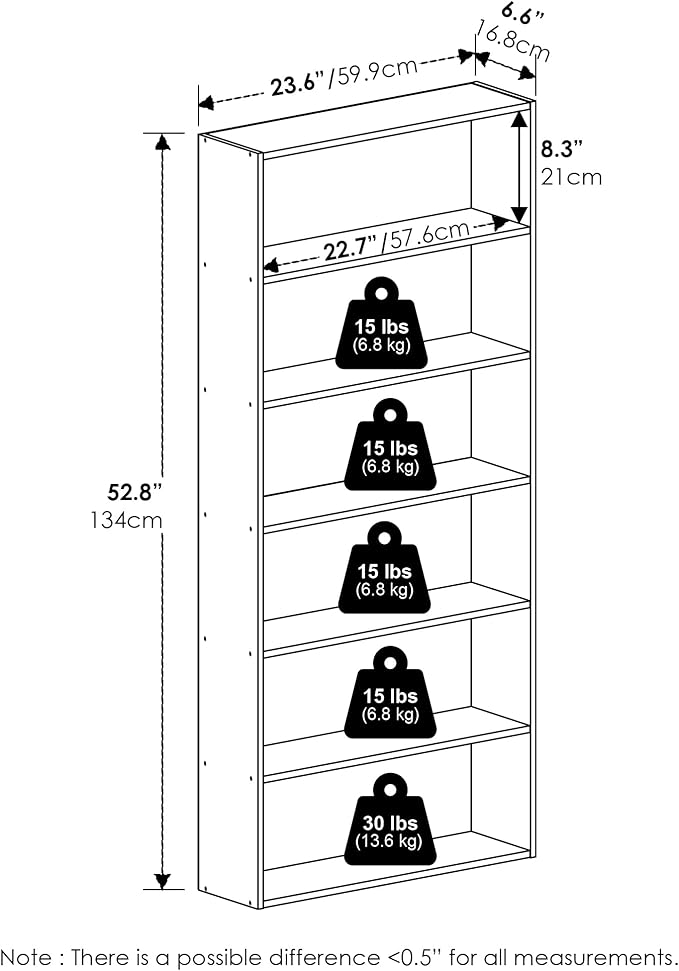 Furinno Basic Book Shelf, 6-Tier Bookcase with Open Shelf, Bookshelf, Cube Storage Organizer, 7 x 24 x 53, for Living Room, B
