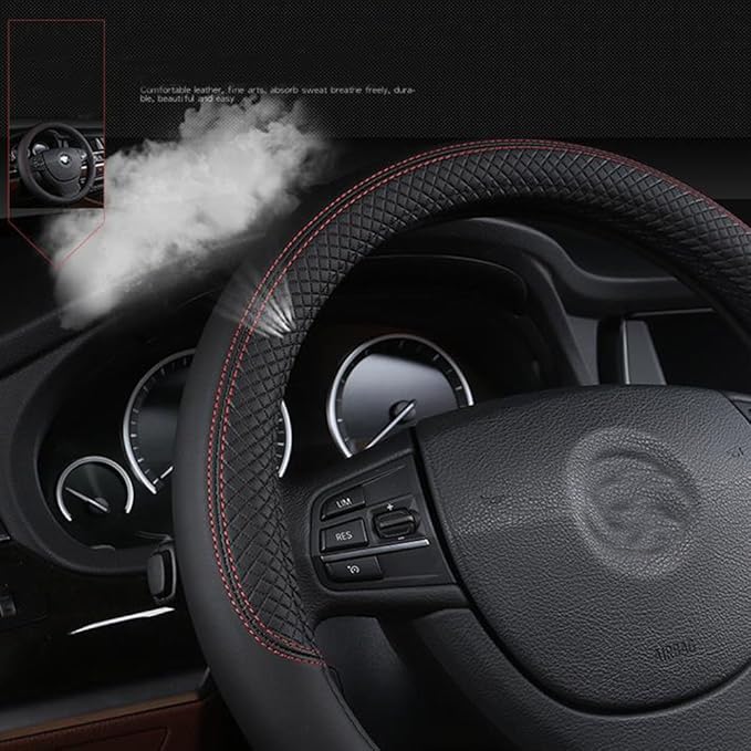 SHIAWASENA Car Steering Wheel Cover, Leather, Universal 15 Inch Fit, Anti-Slip & Odor-Free (Black)