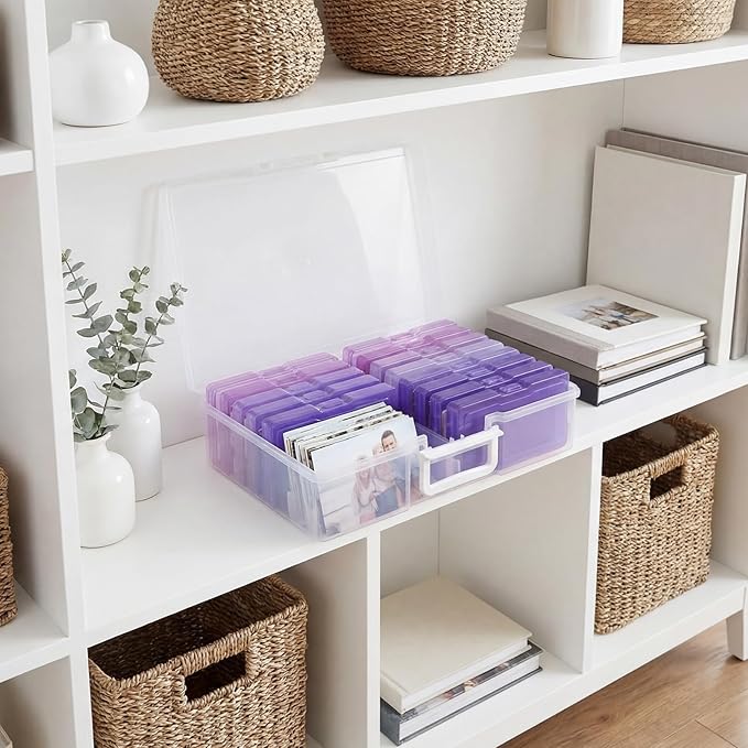 novelinks Transparent 4" x 6" Photo Cases and Clear Craft Keeper with Handle, 16 Inner Photo Organizers & Photo Storage Box, 