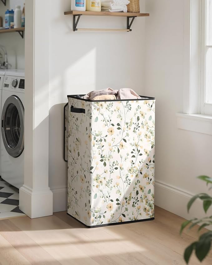 SOLEDI Laundry Hamper with Lid, 90L Tall & Large Floral Laundry Basket, Collapsible Clothes Hamper with Removable Bag, Dirty 