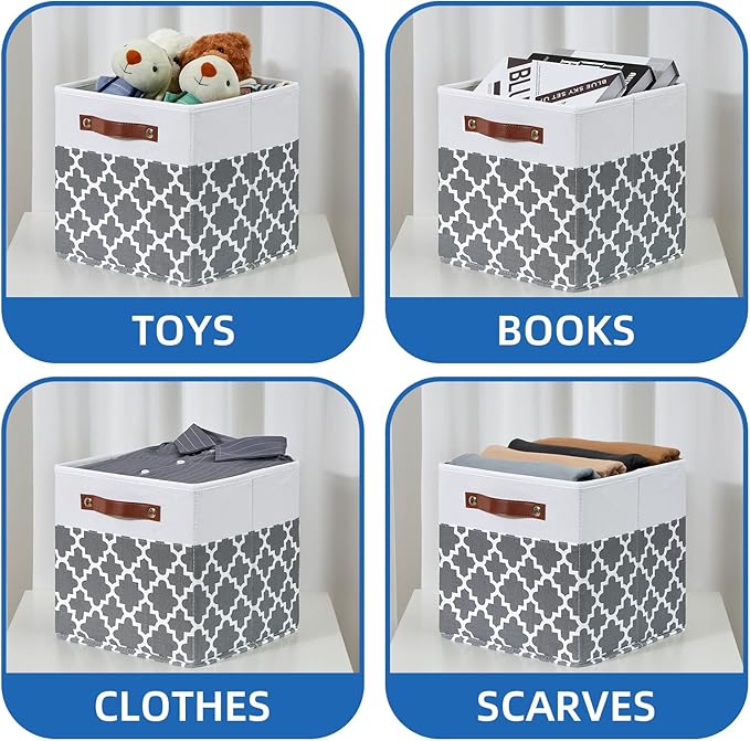 Temary 11x11x11 Cube Storage Bins Cube Organizer Bins 4 Pack Canvas Storage Bin for Home, Cube Storage Basket with Leather Ha