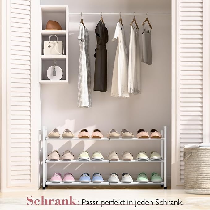 Bumusty 3-Tier Expandable Shoe Rack for Closet, 18“-33” Adjustable Shoe Rack for Small Space, Small Shoe Organizer for Front 