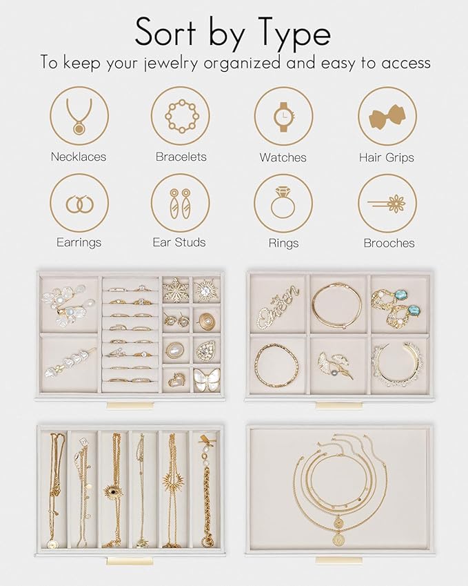 Vlando Jewelry Box for Women, Glass Lid Jewelry Organizer with 4 Drawers for Necklaces Rings Earrings Bracelets Christmas Gif