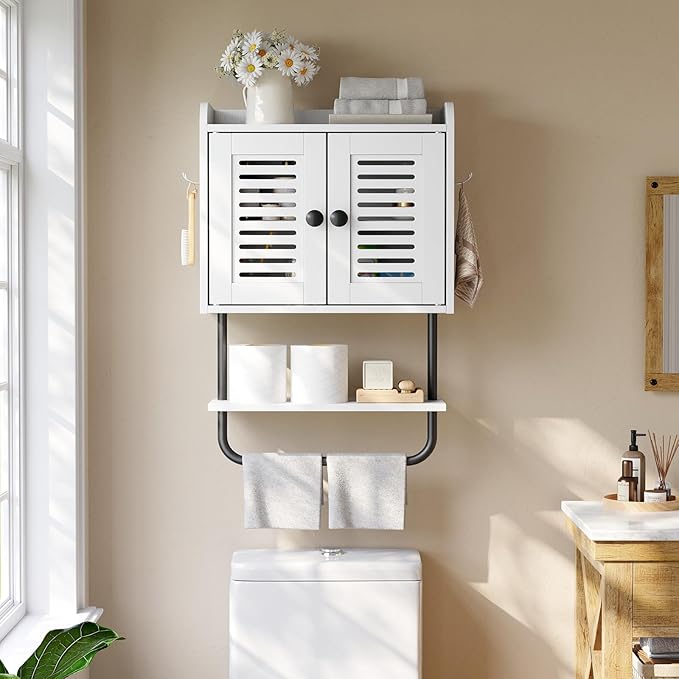 HOOBRO Medicine Cabinet, Double Doors Bathroom Wall Cabinet with Towel Bar, Adjustable Shelf, 2 Hooks, Over The Toilet Storag