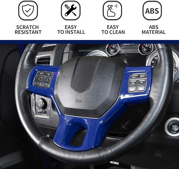 Hoolcar Interior Steering Wheel Cover ABS Trim Compatible with 2010-2017 Dodge RAM Accessories, Blue