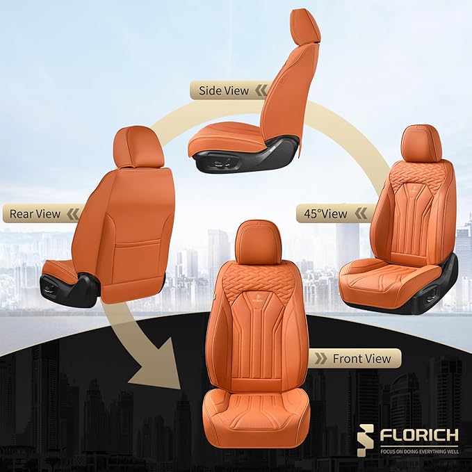 FLORICH Seat Covers, Leather Car Seat Covers Front Seats, Automotive Seat Covers Waterproof Car Seat Cushion Orange Seat Cove