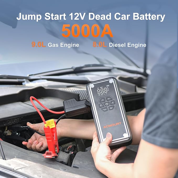 Acmount W160 Jump Starter with Air Compressor, 5000A Portable Car Jump Starter 150PSI Tire Inflator/Air Pump, 12V Battery(Up