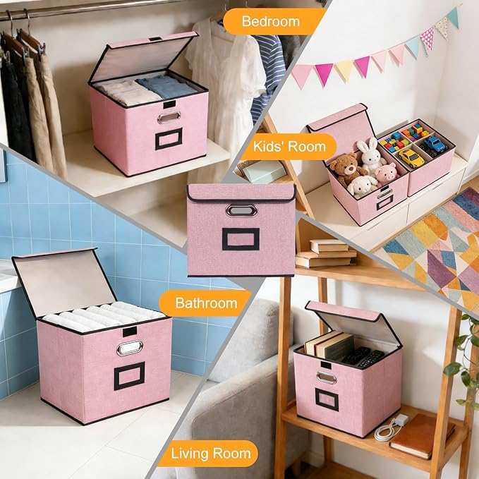 Large Square Storage Bin with Lid, Foldable Organizer Box with Handles & Label Design, for Office, Closet, Home, Documents, P
