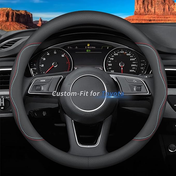 Custom-Fit for Toyota Steering Wheel Cover, Premium Leather Car with Logo, Non-Slip, Breathable, Accessories (A-Style, Toyota)