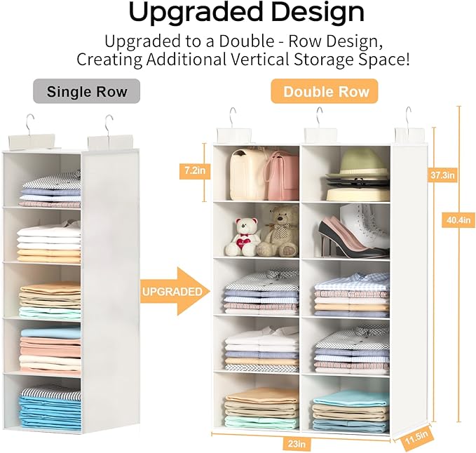 ALLTIDYUP White 5-Tier Hanging Closet Storage Organizer - Space-Saving Dual-Row Foldable Shelves with 3 Hooks, Wardrobe Organ