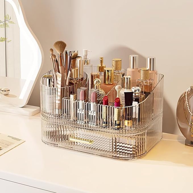 360° Rotating Makeup Organizer with Drawer, Clear Acrylic Cosmetic Storage Display, Stackable Beauty Counter (Clear, Large (T