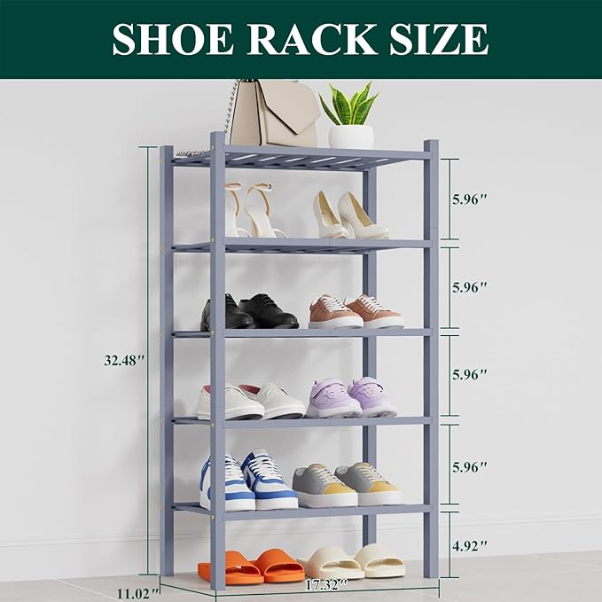 Smiry Shoe Rack, 5 Tier Thick Small Bamboo Shoe Organizer, Stackable Free Standing Wooden Shoe Storage Shelf for Closet, Entr