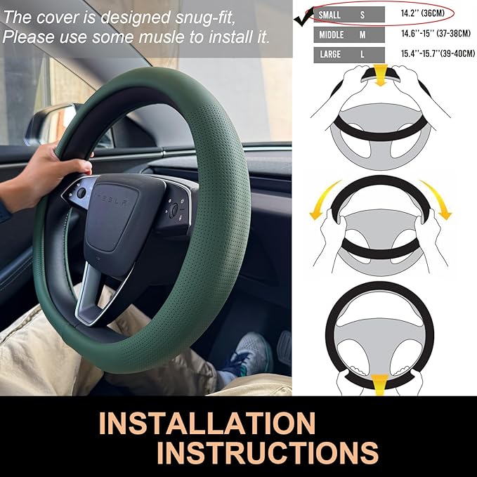 PINCTROT Nappa Leather Steering Wheel Cover for Tesla Model Y/3 Highland/Juniper, D Shaped 14 Inch Small Sized with Breathabl