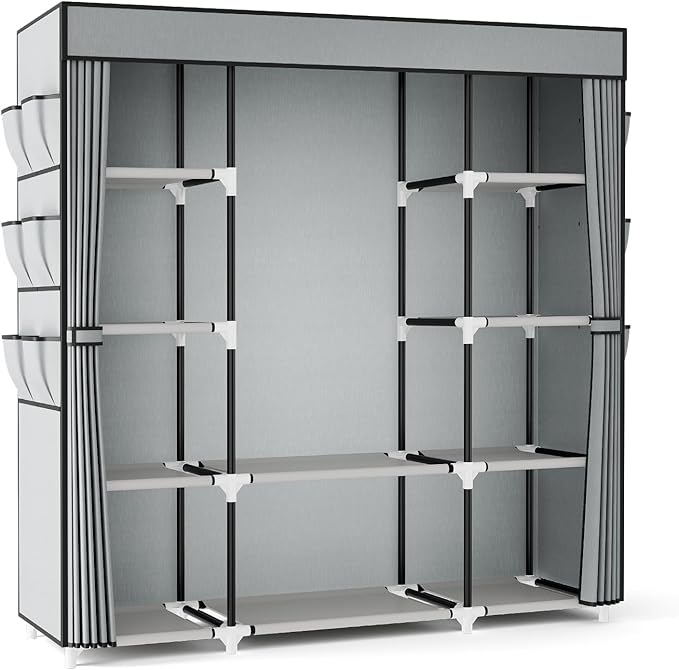 VTRIN Portable Closet Wardrobe for Hanging Clothes 57.3 Inch Large Capacity Clothes Rack with Cover, 10 Storage Organizer She