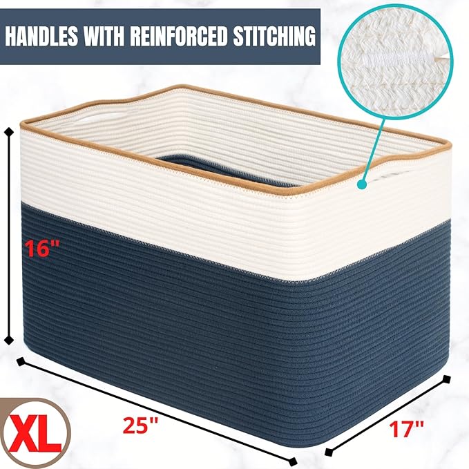 MINTWOOD Design 112L Extra Large Blanket Basket Holder Living Room, 25"x17"x16" Rectangle Rope Woven Storage Basket with Hand