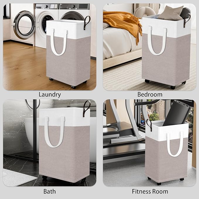 HomeHacks Laundry Basket with Wheels, Rolling Laundry Hamper, Collapsible & Waterproof Clothes Hamper, Narrow Corner Bins wit