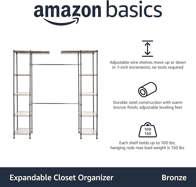 Amazon Basics Expandable Metal Hanging Closet Organizer and Storage Rack Wardrobe with Shelves, 57-80''L x 14''W x 72''H, Bro