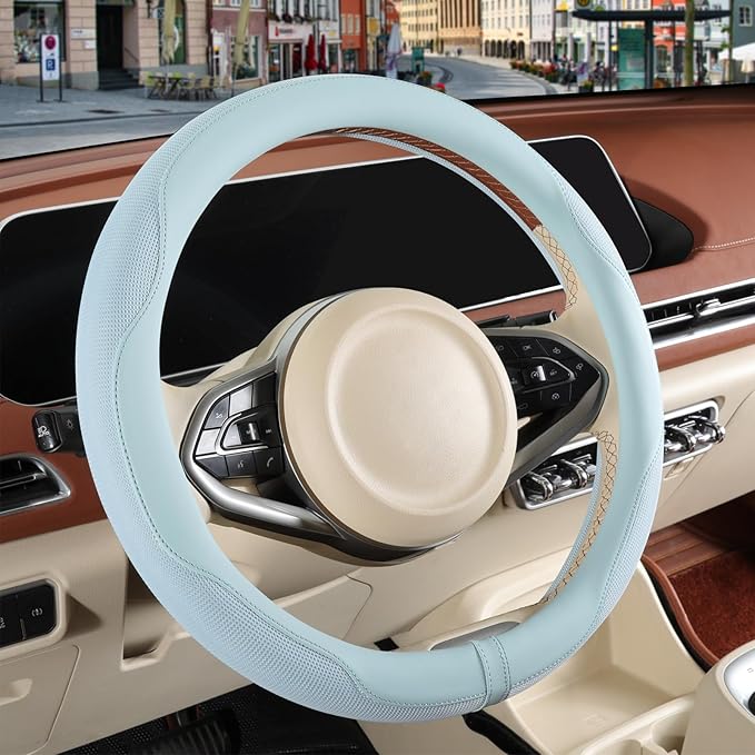 Nappa Leather Steering Wheel Cover, Advanced Microfiber Leather Non-Slip Breathable Fabric, Warm in Winter and Cool in Summer