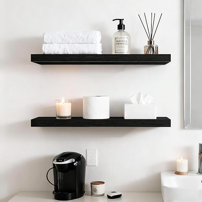 Set of 3 Farmhouse Solid Wood Floating Shelves 15.7 inch Black Wall Mounted Storage Shelves for Bathroom Over Toilet, Bedroom