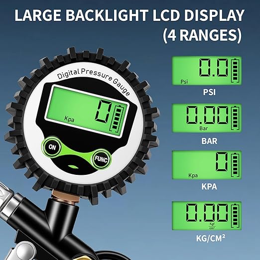 Digital Tire Inflator with Pressure Gauge, 250 PSI Heavy Duty Air Compressor Accessories, 0.1 Display Resolution Air Chuck with Rubber Hose & Quick Connect Coupler for Car, Truck, RV