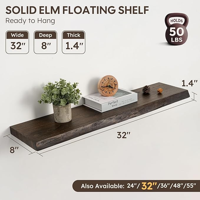 Floating Shelves Set of 2, Solid Elm Wood Wall Shelves 32 Inch - Invisible Bracket Mount for Living Room, Bedroom, Kitchen, B