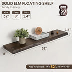 Floating Shelves Set of 2, Solid Elm Wood Wall Shelves 32 Inch - Invisible Bracket Mount for Living Room, Bedroom, Kitchen, B