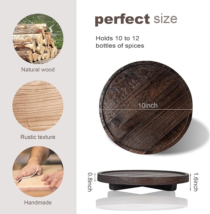 Round Decorative Tray Wood Bathroom Counter Organizer Farmhouse Kitchen Decor Wooden Riser for Soap Dish, Perfume, Candle, Sp