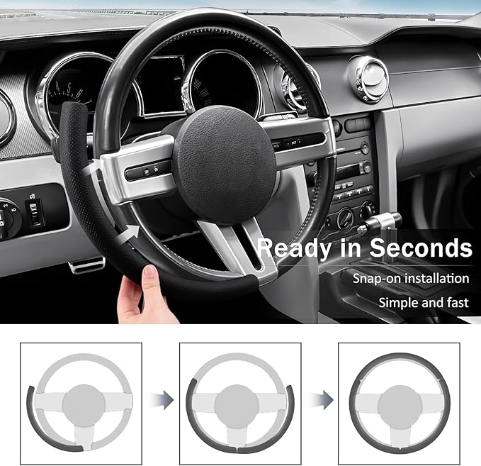 Leather Steering Wheel Cover for Ford Mustang 2005-2023, Anti-Slip and Breathable Segmented Design,Thin Car Interior Accessories,Car Steering Wheel Cover for Men Women(Black Hole)