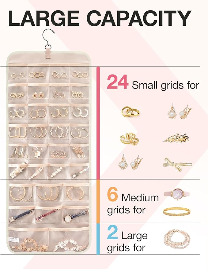 BAGSMART Hanging Jewelry Organizer Storage Roll with Hanger Metal Hooks Double-Sided Jewelry Holder for Earrings, Necklaces, 
