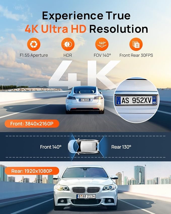 70mai 4K Dash Cam Front and Rear, Built in Wi-Fi 6 & GPS Car Camera, Super Night Vision, ADAS, 3'' IPS Screen, 24H Parking Mo