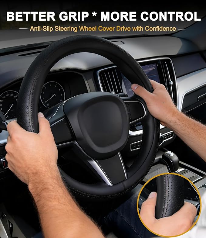 XCBYT Steering Wheel Cover for 14.5–15 Inch Steering Wheels, Microfiber Leather Steering Wheel Cover, Anti-Slip Breathable Gr
