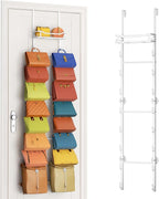 SWTYMIKI Over The Door Purse Organizer - Wall Mounted Purse Rack with 16 Hooks and Metal Basket, Handbag Hanger Organizer Hol