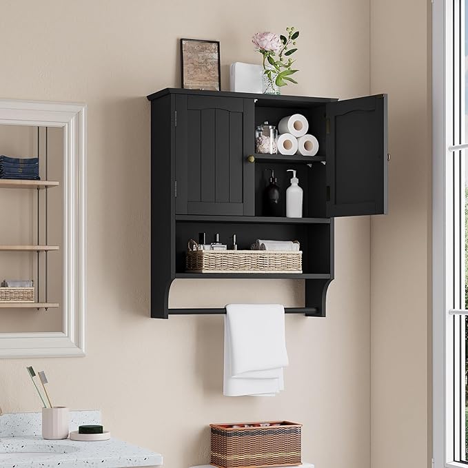 Smuxee Black Bathroom Cabinet Wall Mounted with Towels Bar, Medicine Cabinet with 2 Door Adjustable Shelves, Over Toilet Cabi
