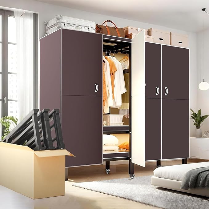 YTLEMON Heavy Duty Clothes Rack with Magnetic Door, Metal Foldable Covered Clothes Rack, Portable Wardroobe Closet System for