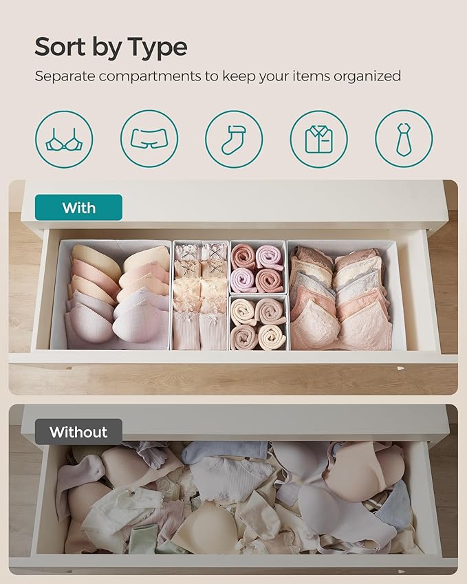 SONGMICS Drawer Organizer,Dresser Drawer Organizers, Set of 12, Foldable Fabric Storage Bins for Socks, Underwear, Bras, Ties