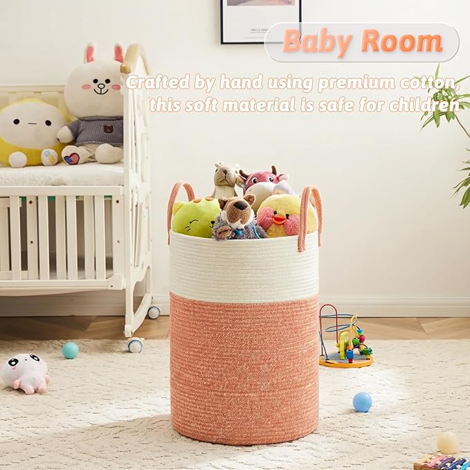 Laundry Basket,Woven Cotton Rope Laundry Hamper,100L for Decor Storage of Dirty Clothes,Toys and Blankets in Bathroom,Baby Ro