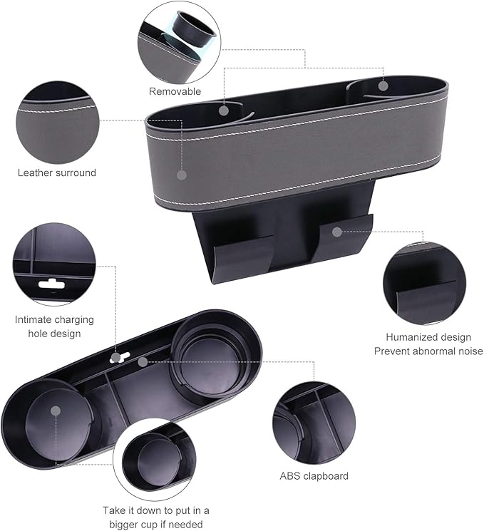 Car Seat Organizer Cup Drink Holders,Multifunctional Gap Filler Storage Box,Insert Organization Helps Reduce Distracted Driving&Holds Phone Mount Mug Bottle Cellphones Coasters Wallet Cards (Gray)