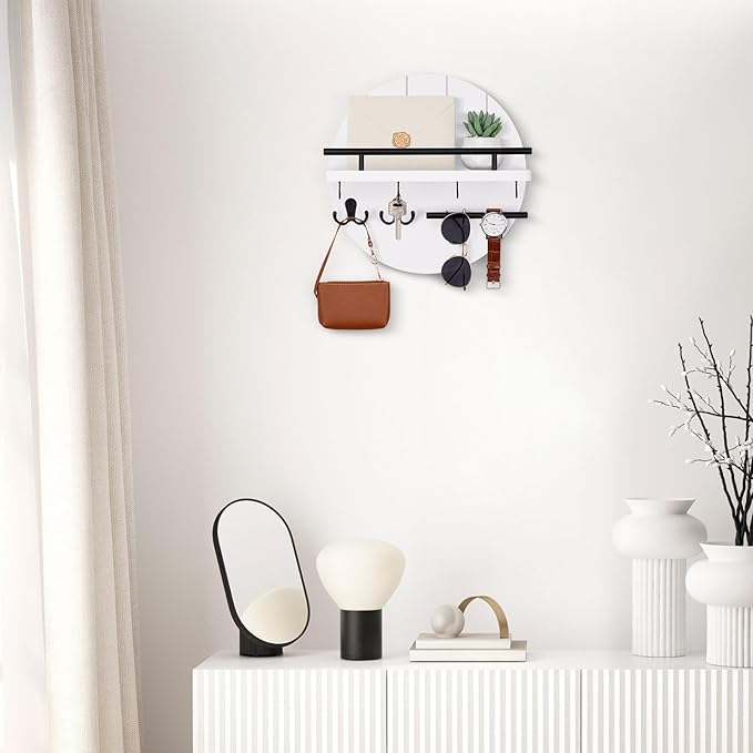 Nekon Rustic Wall Mount Key Organizer, 11.8 Inch Rack with Shelf and 6 Hooks, Circular Wooden Key Hanger for Entryway Hallway