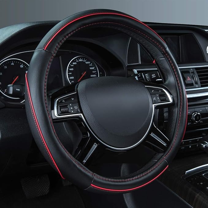 Car Pass Colour Piping Leather Steering Wheel Cover,Perfectly fit for 14.5-15 inches for Various Vehicles SUVs,Vans,Sedans,Ca