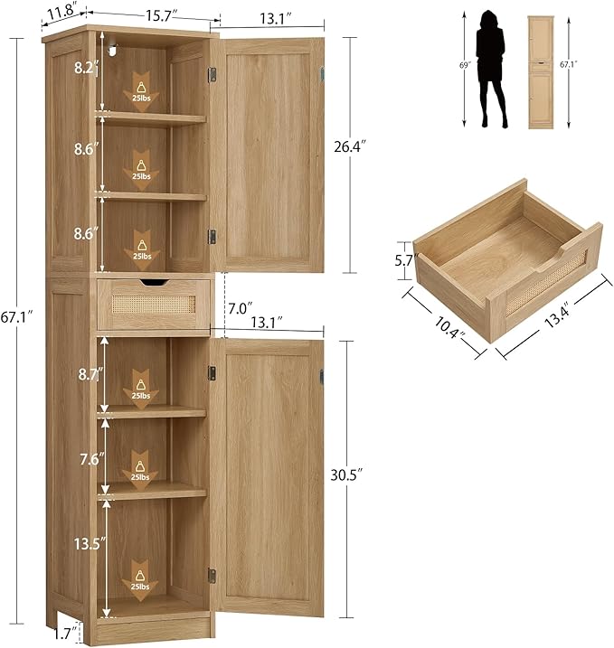 Iwell Tall Narrow Storage Cabinet with Doors, Rattan Cabinet with Adjustable Shelves, Freestanding Linen Storage for Living R