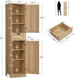Iwell Tall Narrow Storage Cabinet with Doors, Rattan Cabinet with Adjustable Shelves, Freestanding Linen Storage for Living R