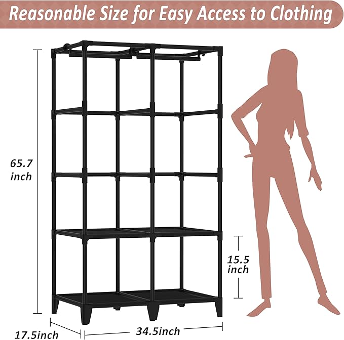 Wardrobe Closet, Quick and Easy Assembly, Black Portable Closet with 2 Hanging Rods 4 Storage Shelves and 8 Side Pockets, Stu