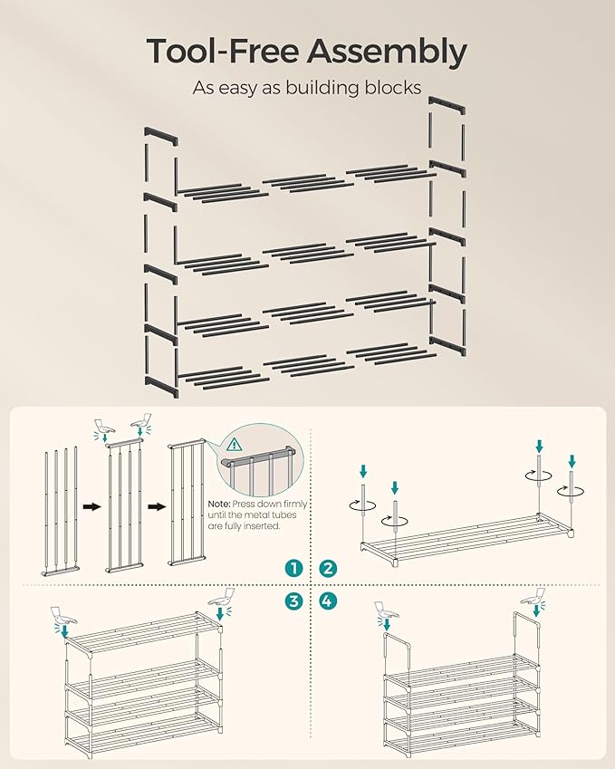 SONGMICS Shoe Rack, 4-Tier Shoe Organizer, Metal Storage Shelf, Upright or Upside Down, for 25-30 Pairs, Stackable, for Entry