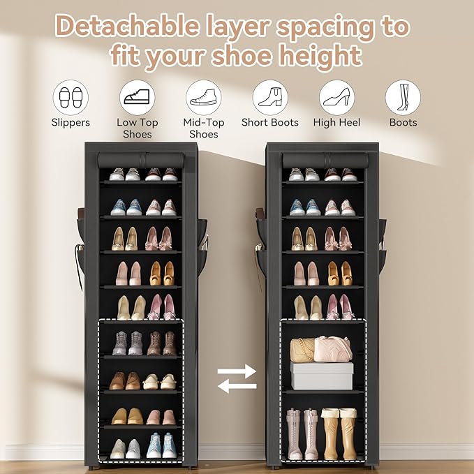 LANTEFUL Narrow Shoe Rack with Cover 10 Tier Tall Shoe Rack Organizer Large Capacity Shoe Shelf Storage 18-22 Pairs Space Sav