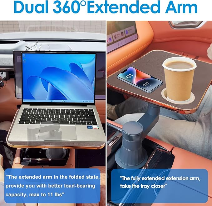 Car Tray& Car Desk for Laptop,Dual 360° Rotating,Anti Slip Leather Surface, Food Tray, Cup Holder Table Compatible with Tesla Model Y/3/S, Ford F150/Explorer/Maverick/Home Theater Seating (Brown)